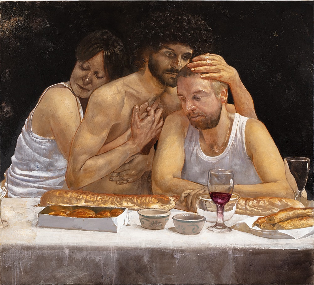 Matthias Gálvez' Ölbild: Menschliche Figuren in zeitlosem Raum.