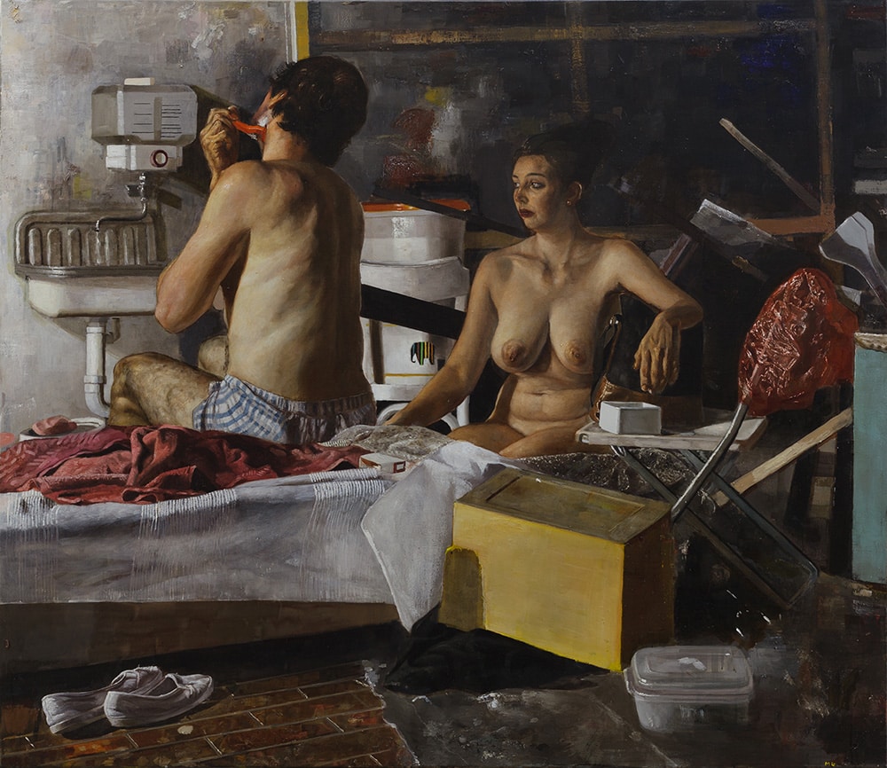Matthias Gálvez' Öl auf Leinwand: Menschliche Figuren in expressiver Pose.