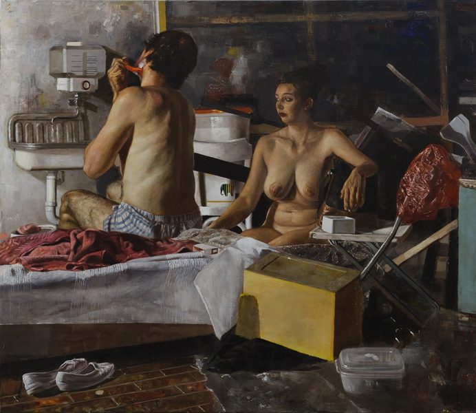 Matthias Gálvez' Öl auf Leinwand: Menschliche Figuren in expressiver Pose.