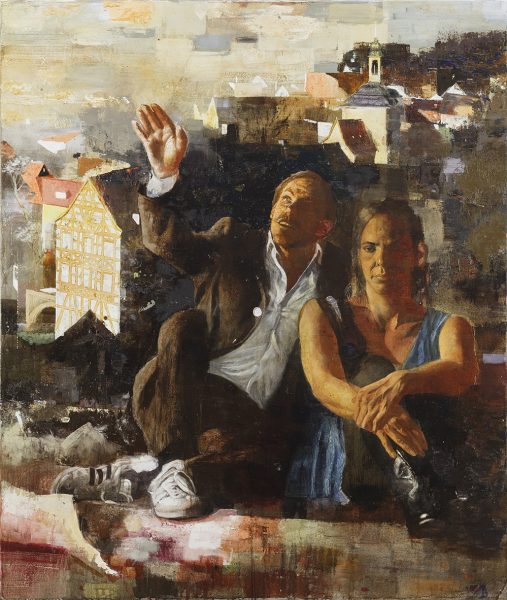 Matthias Gálvez' Ölbild: Menschliche Figuren in zeitlosem Raum.
